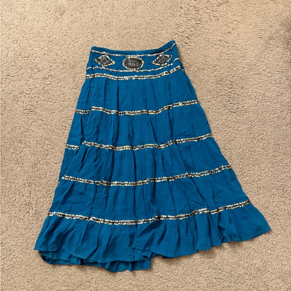 Blue Beaded Midi Skirt